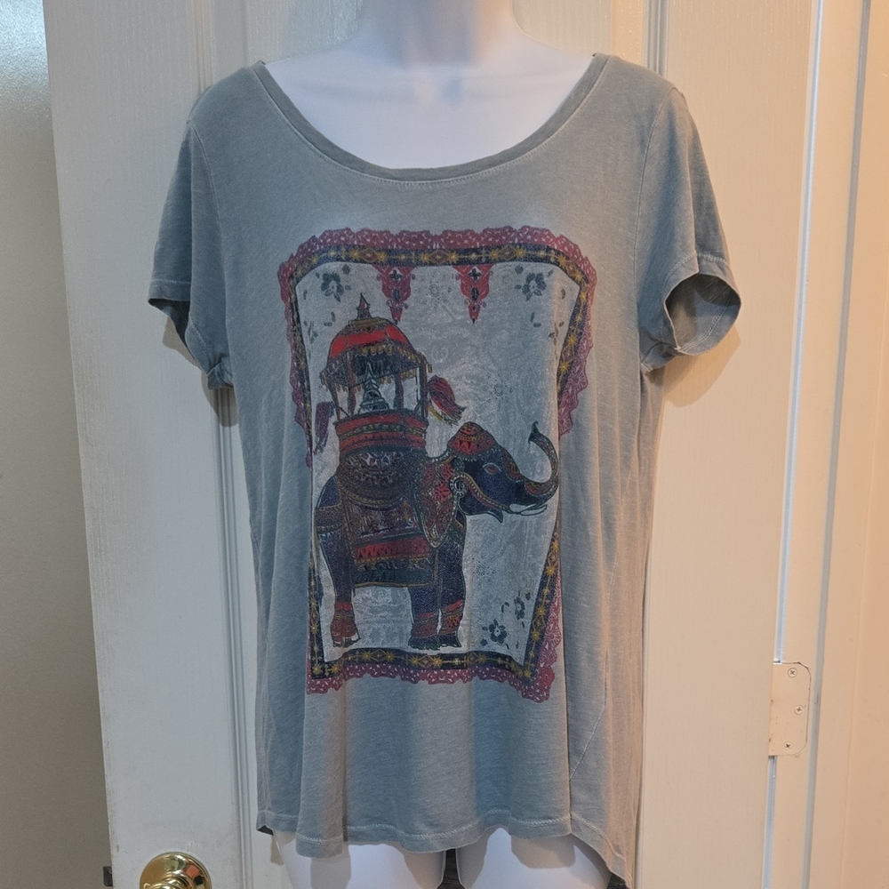 Lucky Brand Green Elephant Ride Boho Graphic Print Top Size Ladies Medium